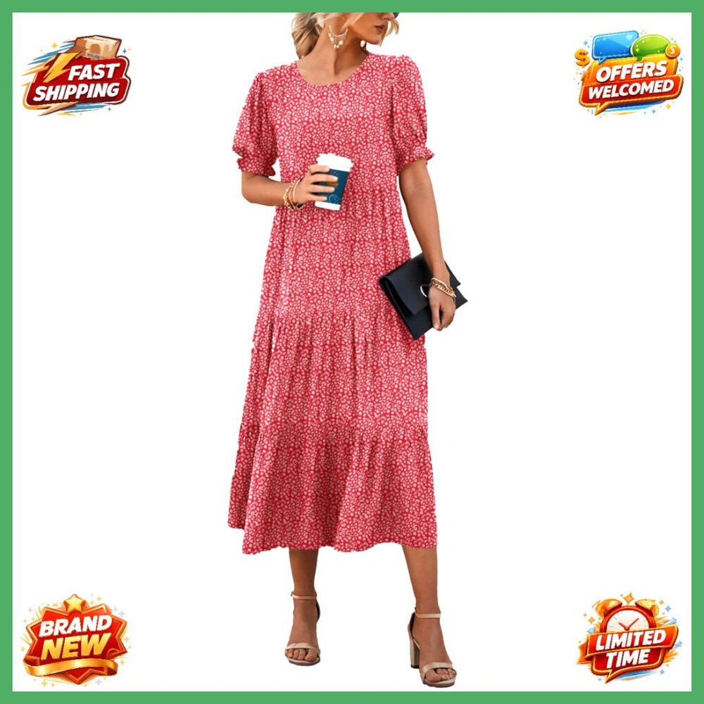 Floral Boho Midi Dress Puff Sleeve Casual Summer Beach Vacation Sundress